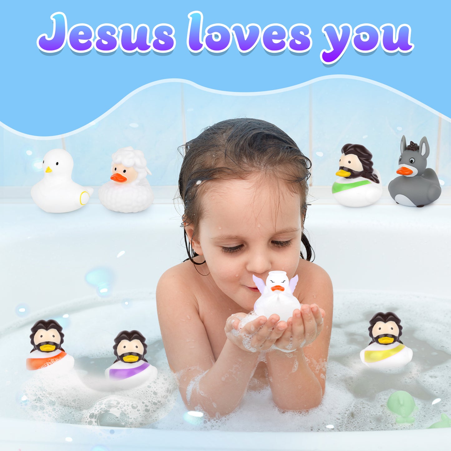 10PCS Rubber Ducks for Jeeps, Fun Jesus Rubber Ducks Sheep Donkey Angel Pigeon Christian Duck Toys, Bath Duckies Toy Gifts for Kids, Churches Christian Decoration Party Favors